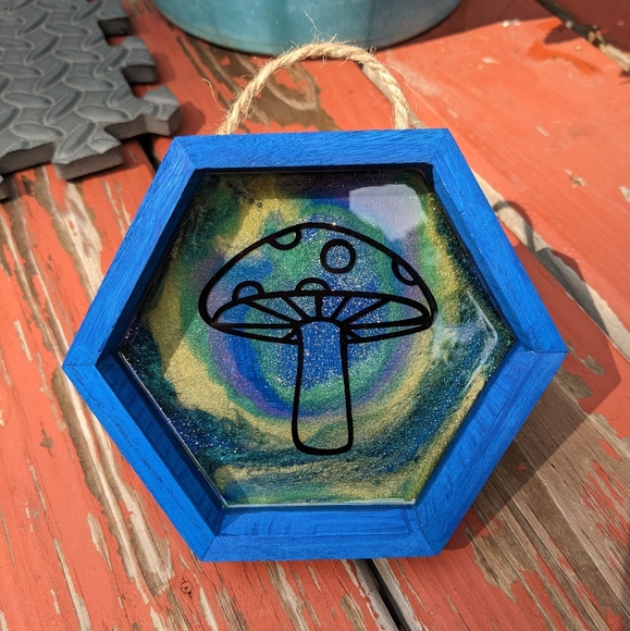 Mushroom Wall Hanging Blue Wood Shadowbox Art Handmade Nature Cottagecore - Picture 8 of 11